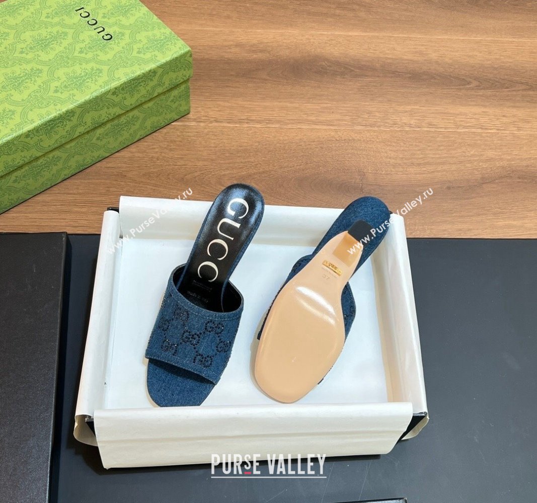 Gucci Denim Heel Slide Sandals 7.5cm with Crystals GG Dark Blue 2024 0319 (SS-240319048)