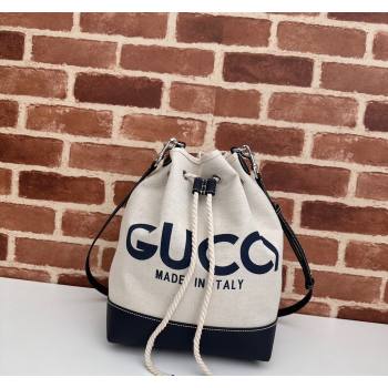 Gucci Canvas Small Bucket bag with GUCCI Print 772856 Beige/Blue 2024 (DLH-240415001)