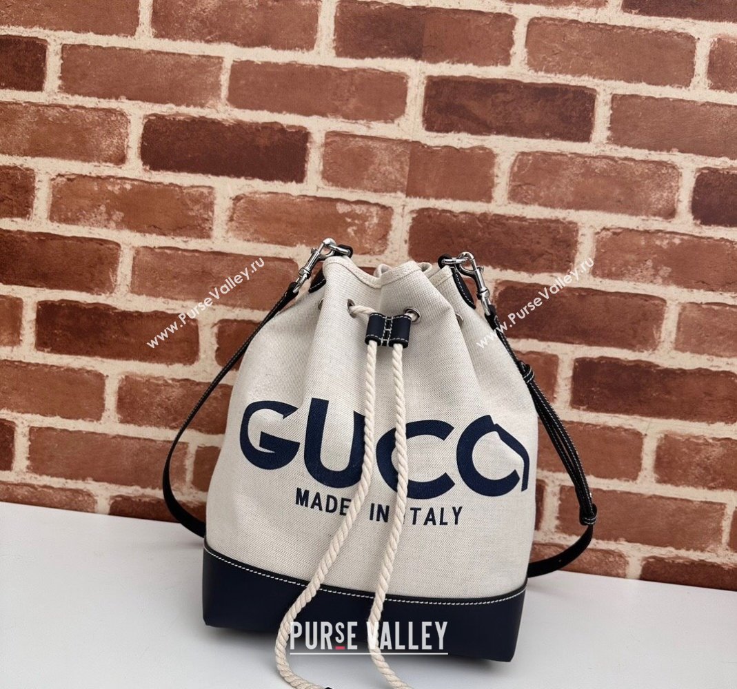 Gucci Canvas Small Bucket bag with GUCCI Print 772856 Beige/Blue 2024 (DLH-240415001)