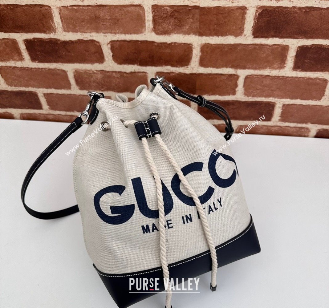 Gucci Canvas Small Bucket bag with GUCCI Print 772856 Beige/Blue 2024 (DLH-240415001)