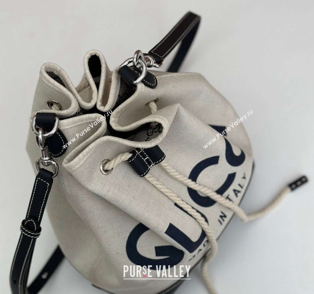 Gucci Canvas Small Bucket bag with GUCCI Print 772856 Beige/Blue 2024 (DLH-240415001)