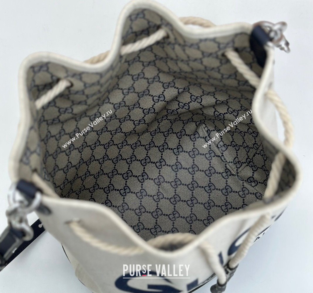 Gucci Canvas Small Bucket bag with GUCCI Print 772856 Beige/Blue 2024 (DLH-240415001)