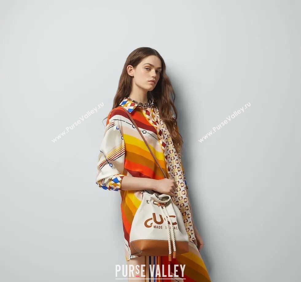 Gucci Canvas Small Bucket bag with GUCCI Print 772856 Beige/Blue 2024 (DLH-240415001)