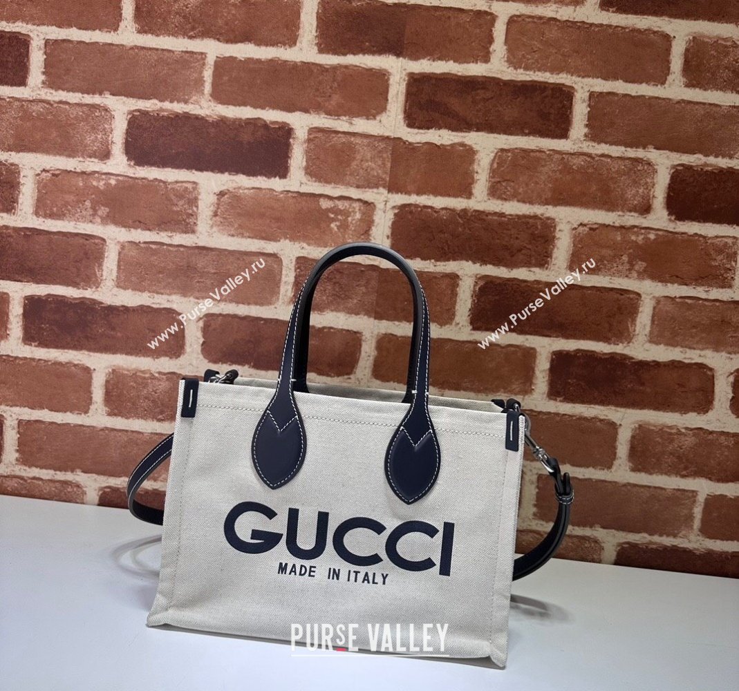 Gucci Canvas Mini Tote Bag with GUCCI Print 772144 Beige/Blue 2024 (DLH-240415008)