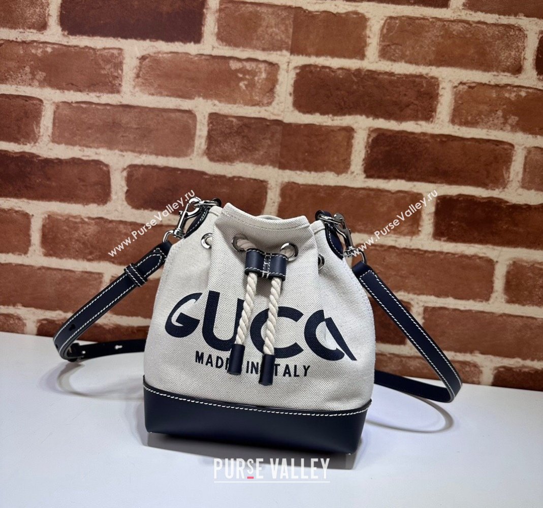 Gucci Canvas Mini Bucket bag with GUCCI Print 777166 Beige/Blue 2024 (DLH-240415010)