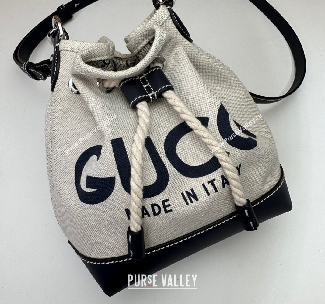 Gucci Canvas Mini Bucket bag with GUCCI Print 777166 Beige/Blue 2024 (DLH-240415010)