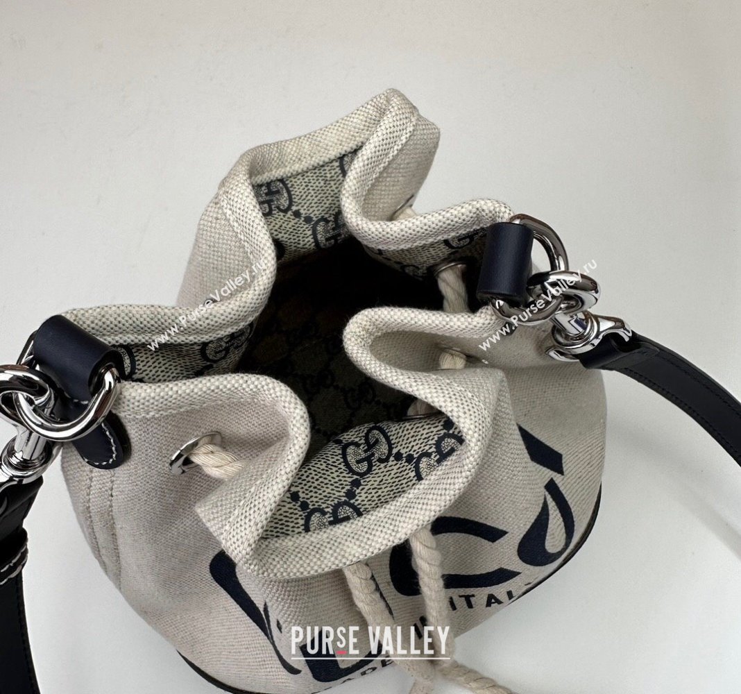 Gucci Canvas Mini Bucket bag with GUCCI Print 777166 Beige/Blue 2024 (DLH-240415010)