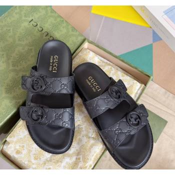 Gucci Mens GG Leather Flat Slide Sandals Black 2024 042702 (KL-240427090)