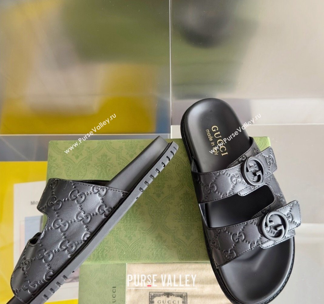 Gucci Mens GG Leather Flat Slide Sandals Black 2024 042702 (KL-240427090)