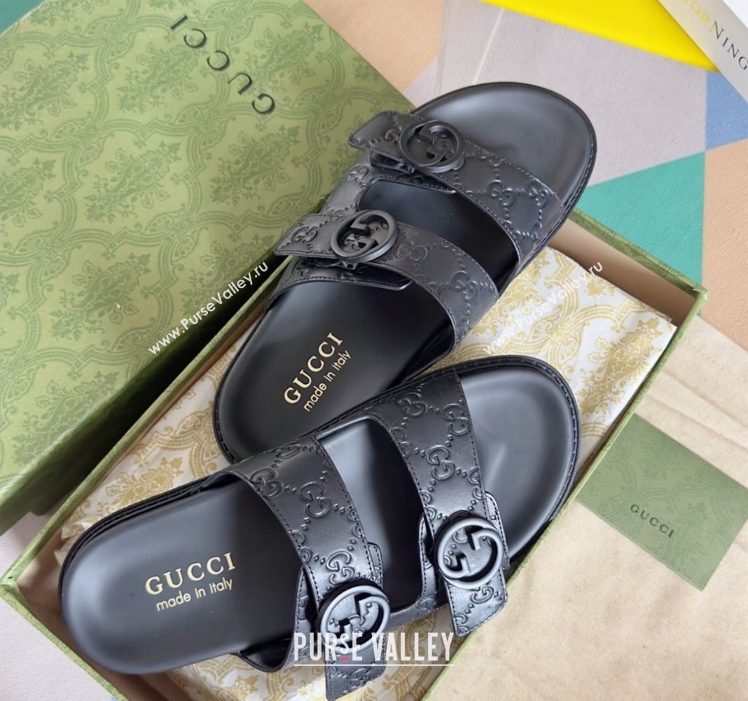 Gucci Mens GG Leather Flat Slide Sandals Black 2024 042702 (KL-240427090)