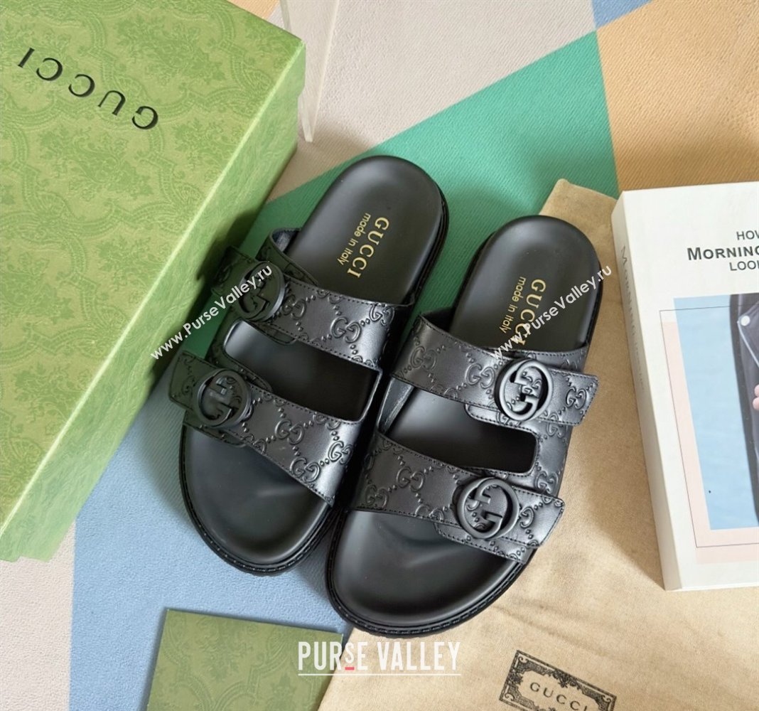 Gucci Mens GG Leather Flat Slide Sandals Black 2024 042702 (KL-240427090)