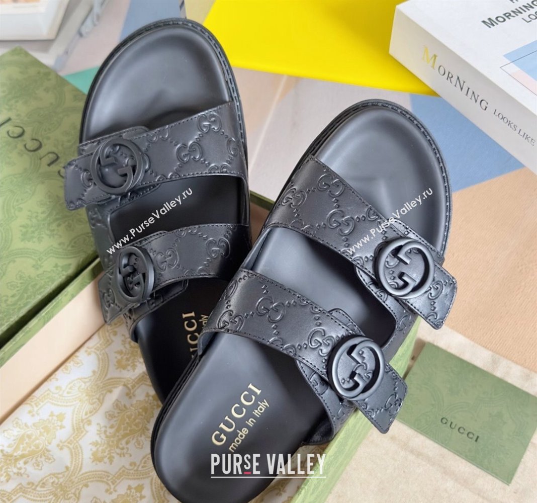 Gucci Mens GG Leather Flat Slide Sandals Black 2024 042702 (KL-240427090)