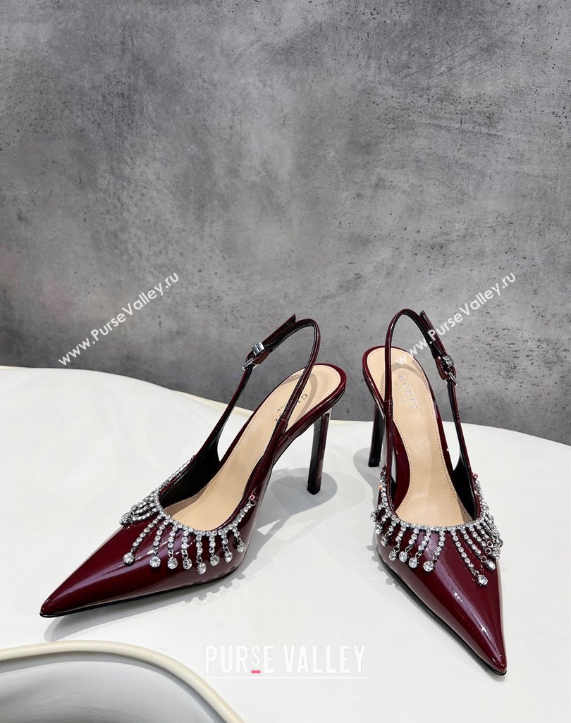 Gucci Patent Leather Slingback Pumps 10cm with Crystal Tassel Dark Burgundy 2024 0427 (MD-240427019)