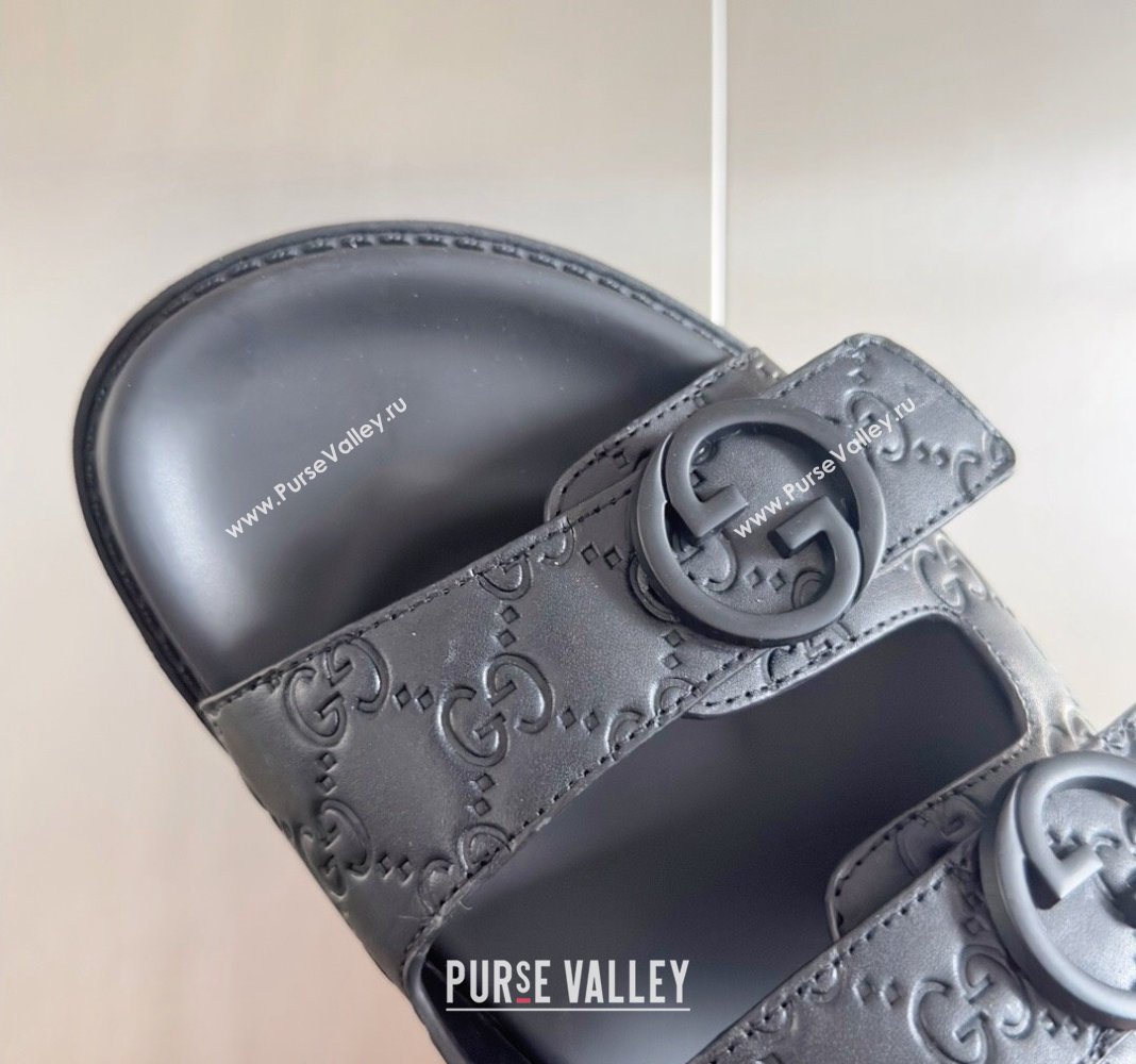 Gucci Mens GG Leather Flat Slide Sandals Black 2024 042702 (KL-240427090)