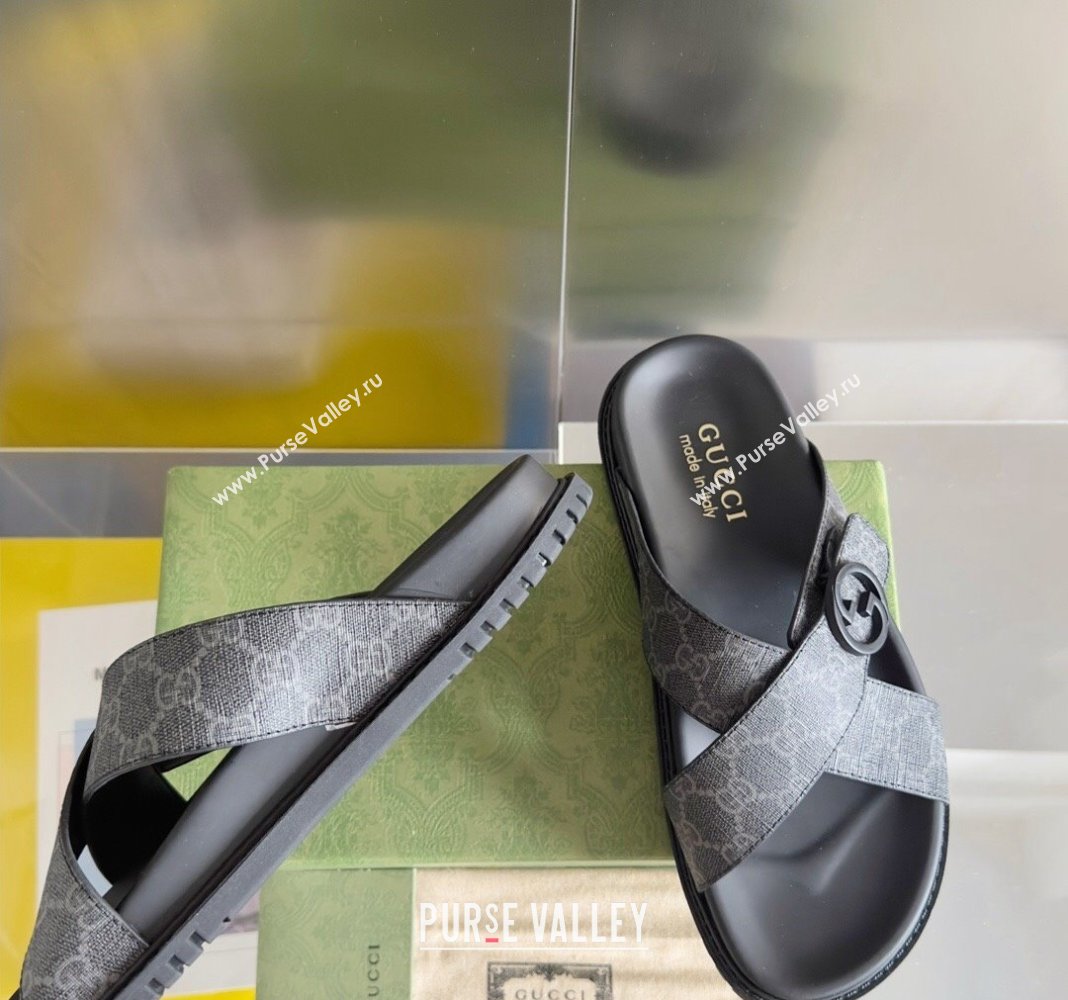 Gucci Mens GG Canvas Flat Slide Sandals with Cross Strap Black 2024 0427 (KL-240427094)