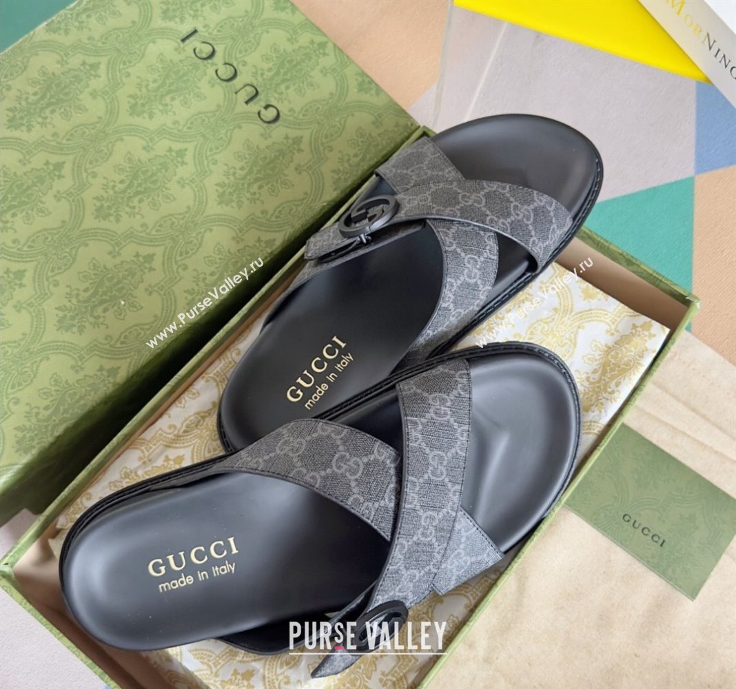 Gucci Mens GG Canvas Flat Slide Sandals with Cross Strap Black 2024 0427 (KL-240427094)