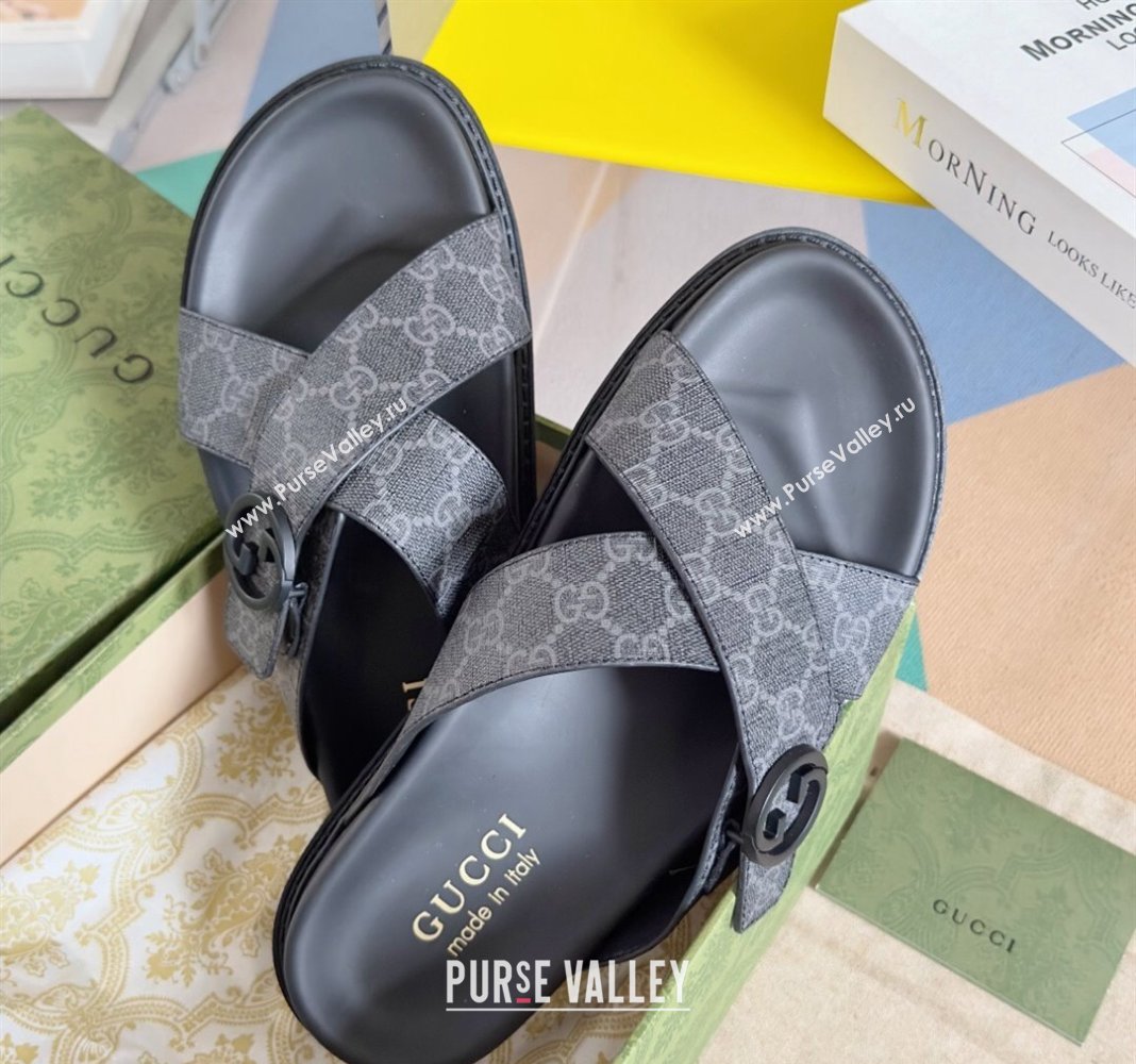 Gucci Mens GG Canvas Flat Slide Sandals with Cross Strap Black 2024 0427 (KL-240427094)
