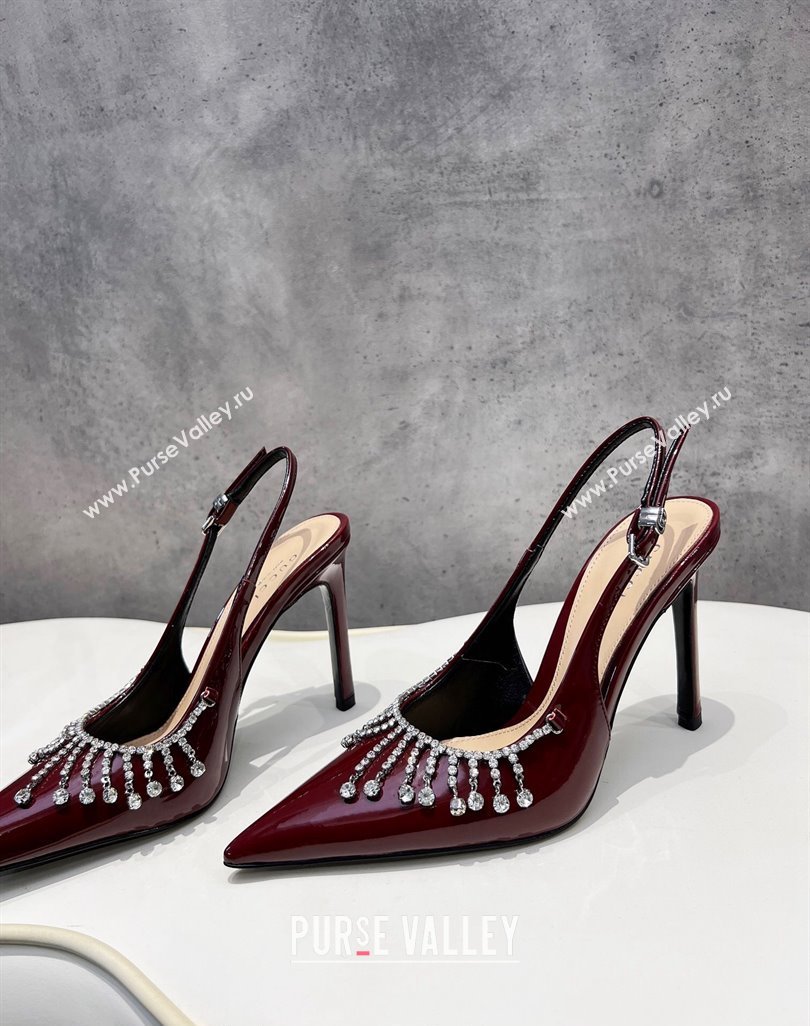 Gucci Patent Leather Slingback Pumps 10cm with Crystal Tassel Dark Burgundy 2024 0427 (MD-240427019)