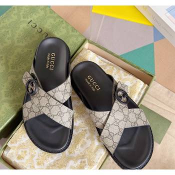 Gucci Mens GG Canvas Flat Slide Sandals with Cross Strap Beige 2024 0427 (KL-240427095)