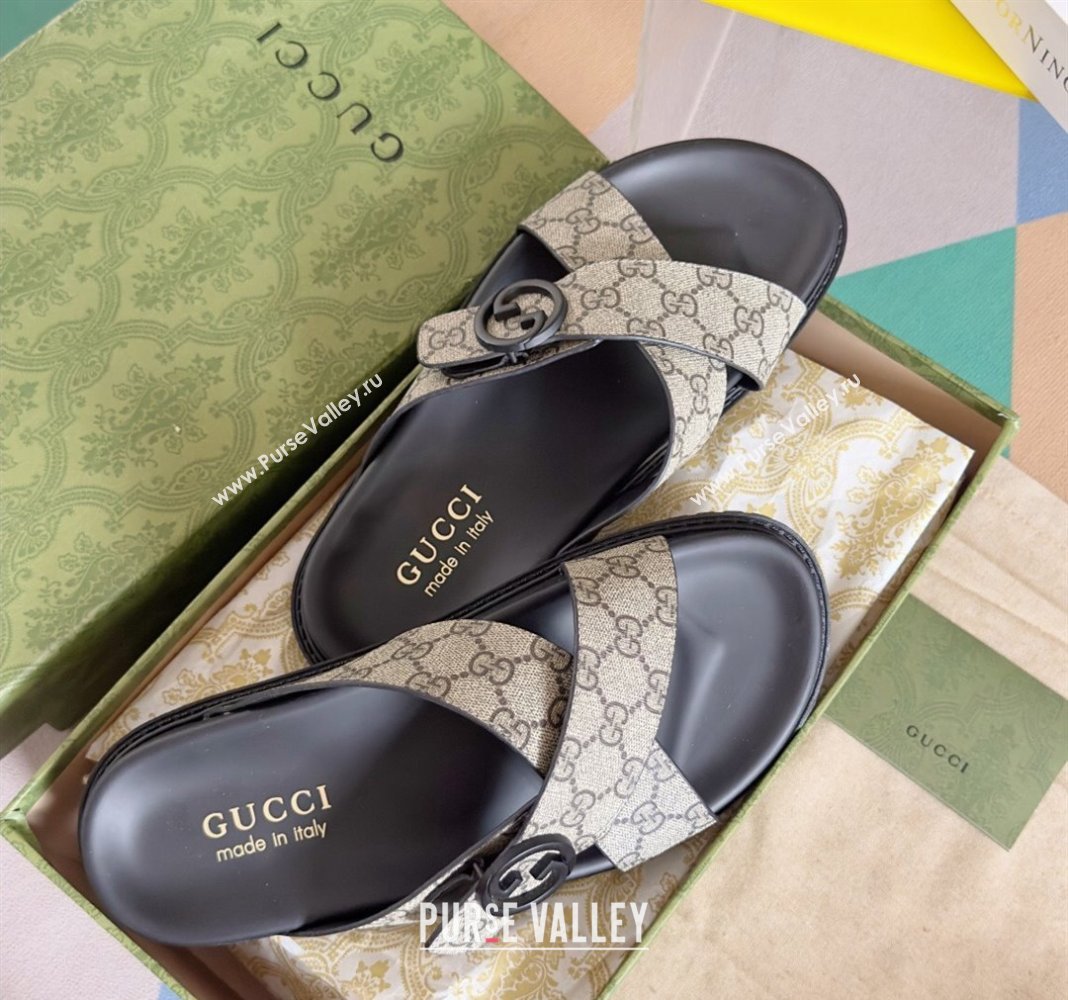 Gucci Mens GG Canvas Flat Slide Sandals with Cross Strap Beige 2024 0427 (KL-240427095)