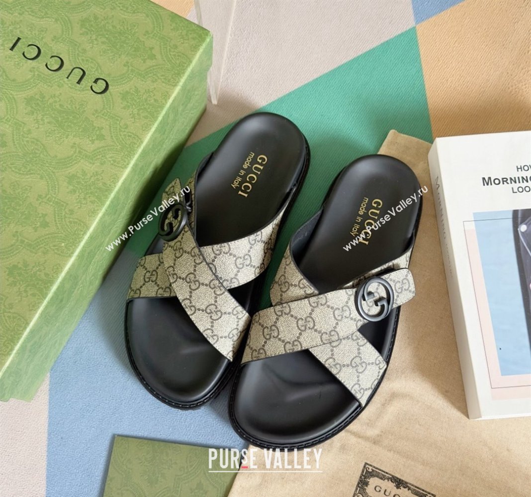 Gucci Mens GG Canvas Flat Slide Sandals with Cross Strap Beige 2024 0427 (KL-240427095)