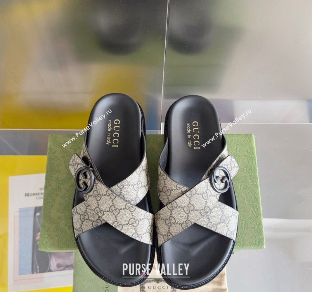 Gucci Mens GG Canvas Flat Slide Sandals with Cross Strap Beige 2024 0427 (KL-240427095)