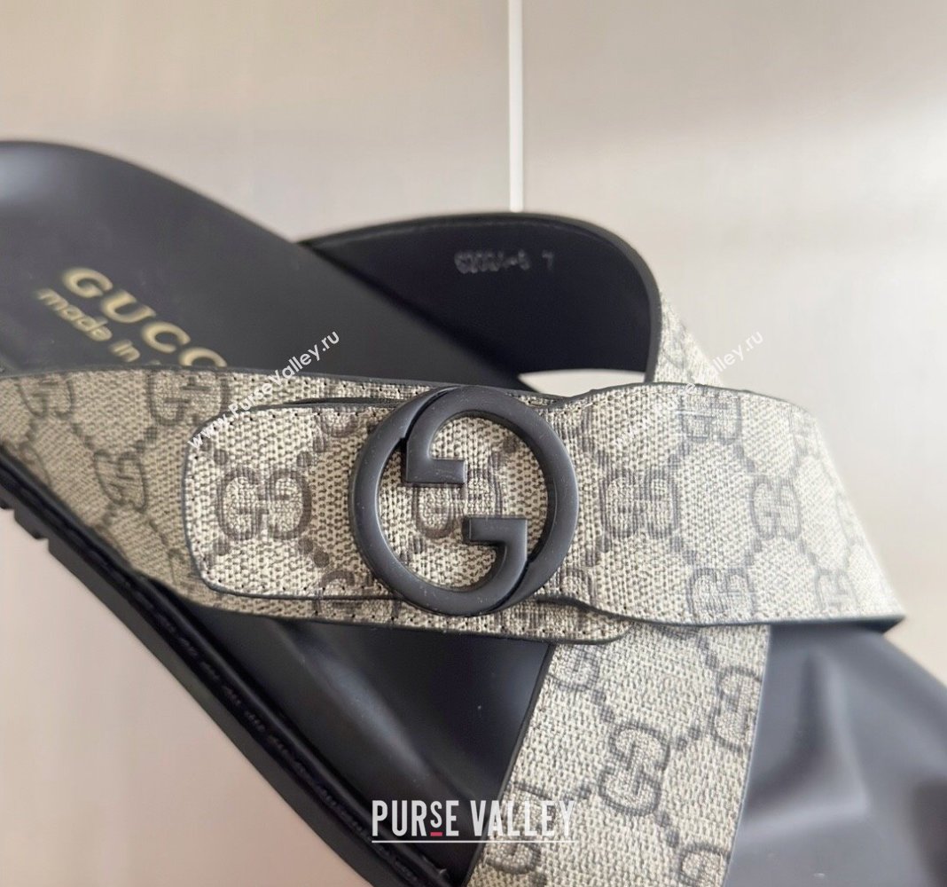 Gucci Mens GG Canvas Flat Slide Sandals with Cross Strap Beige 2024 0427 (KL-240427095)