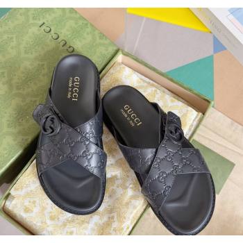 Gucci Mens GG Leather Flat Slide Sandals with Cross Strap Black 2024 0427 (KL-240427096)