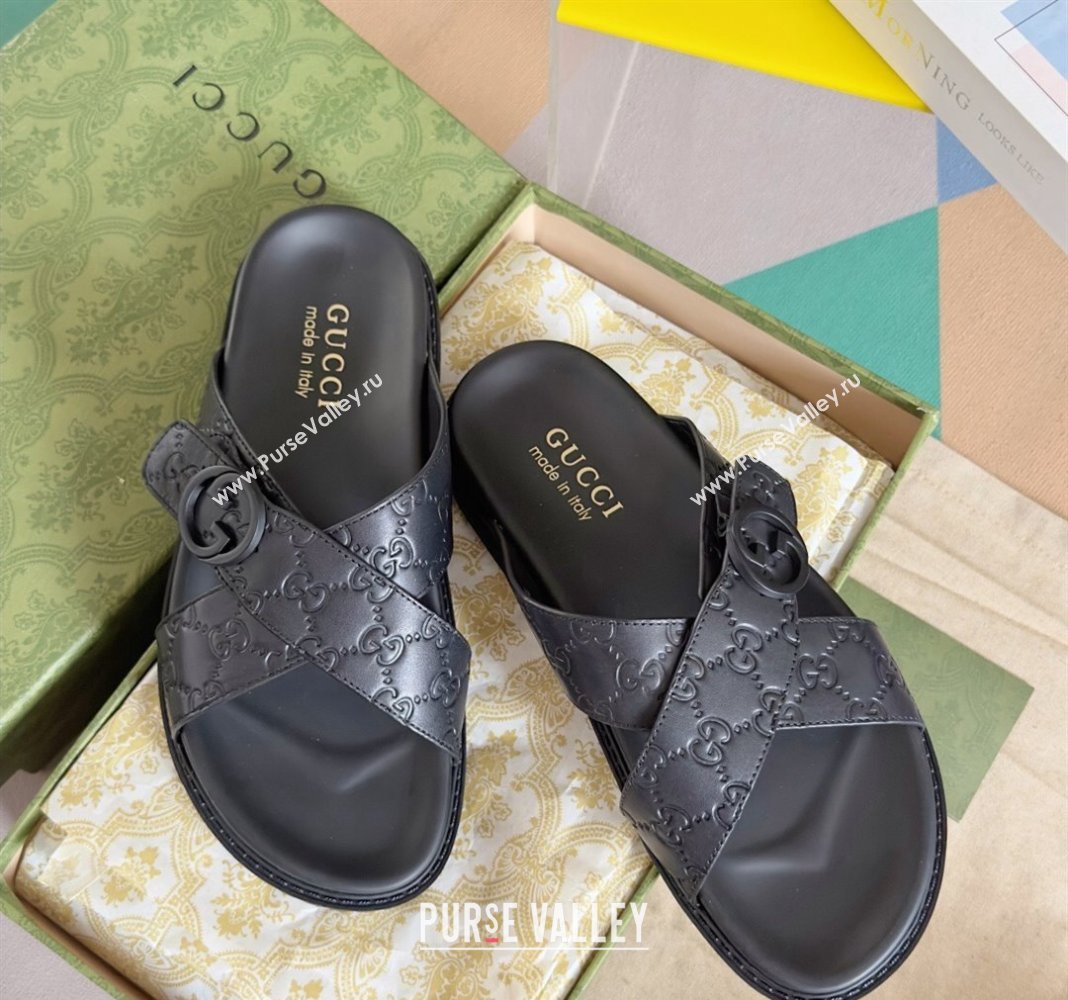 Gucci Mens GG Leather Flat Slide Sandals with Cross Strap Black 2024 0427 (KL-240427096)