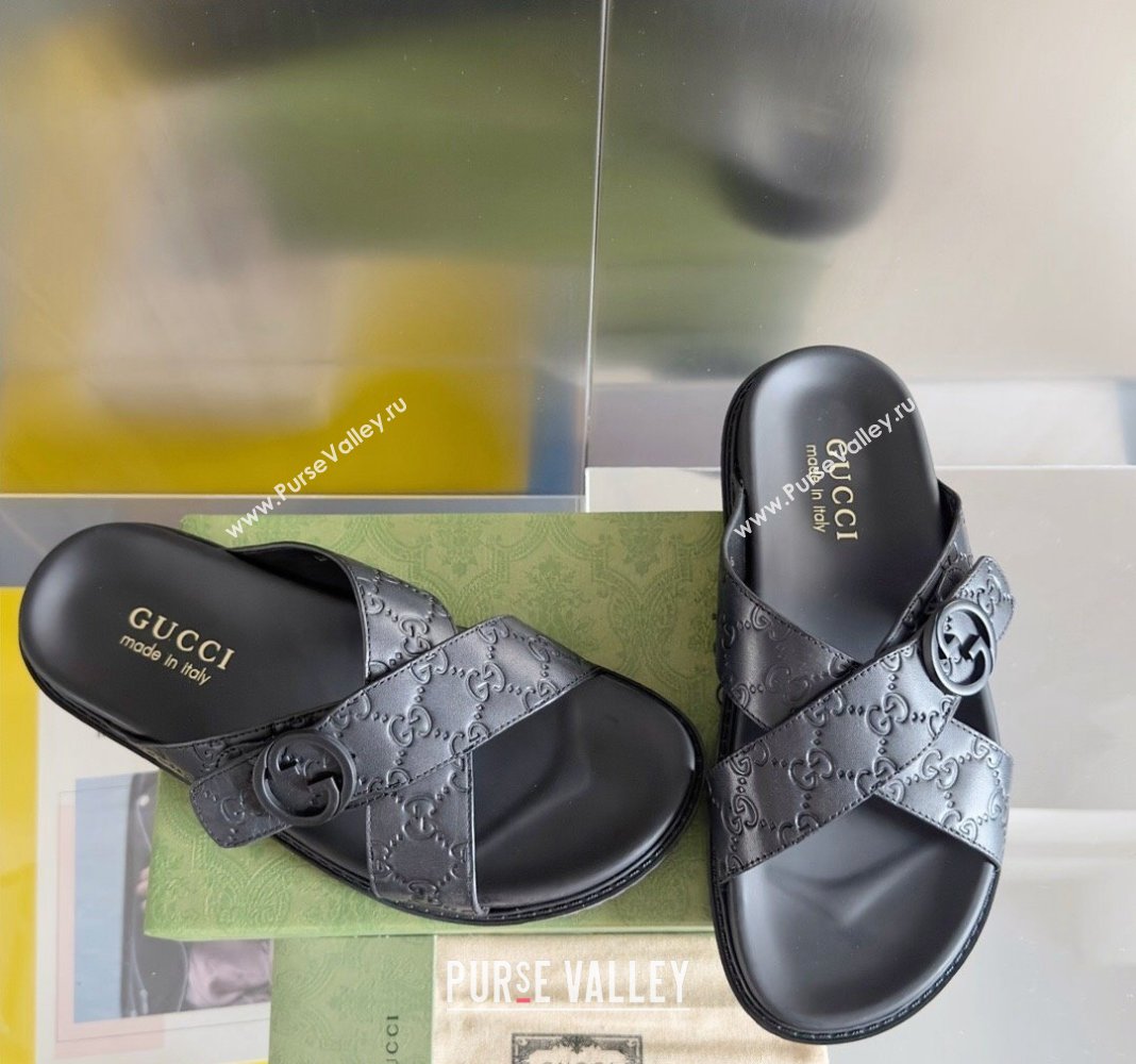 Gucci Mens GG Leather Flat Slide Sandals with Cross Strap Black 2024 0427 (KL-240427096)