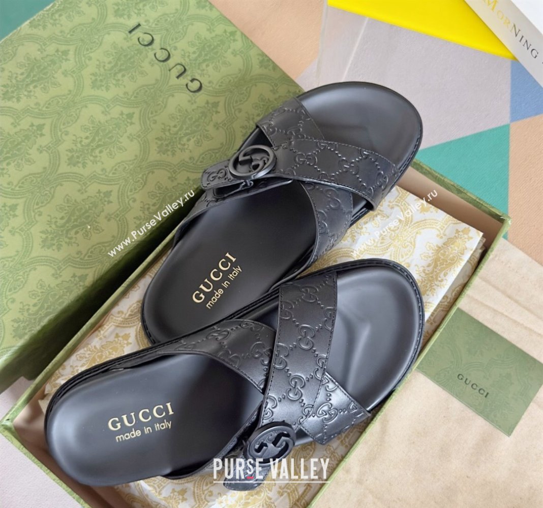 Gucci Mens GG Leather Flat Slide Sandals with Cross Strap Black 2024 0427 (KL-240427096)