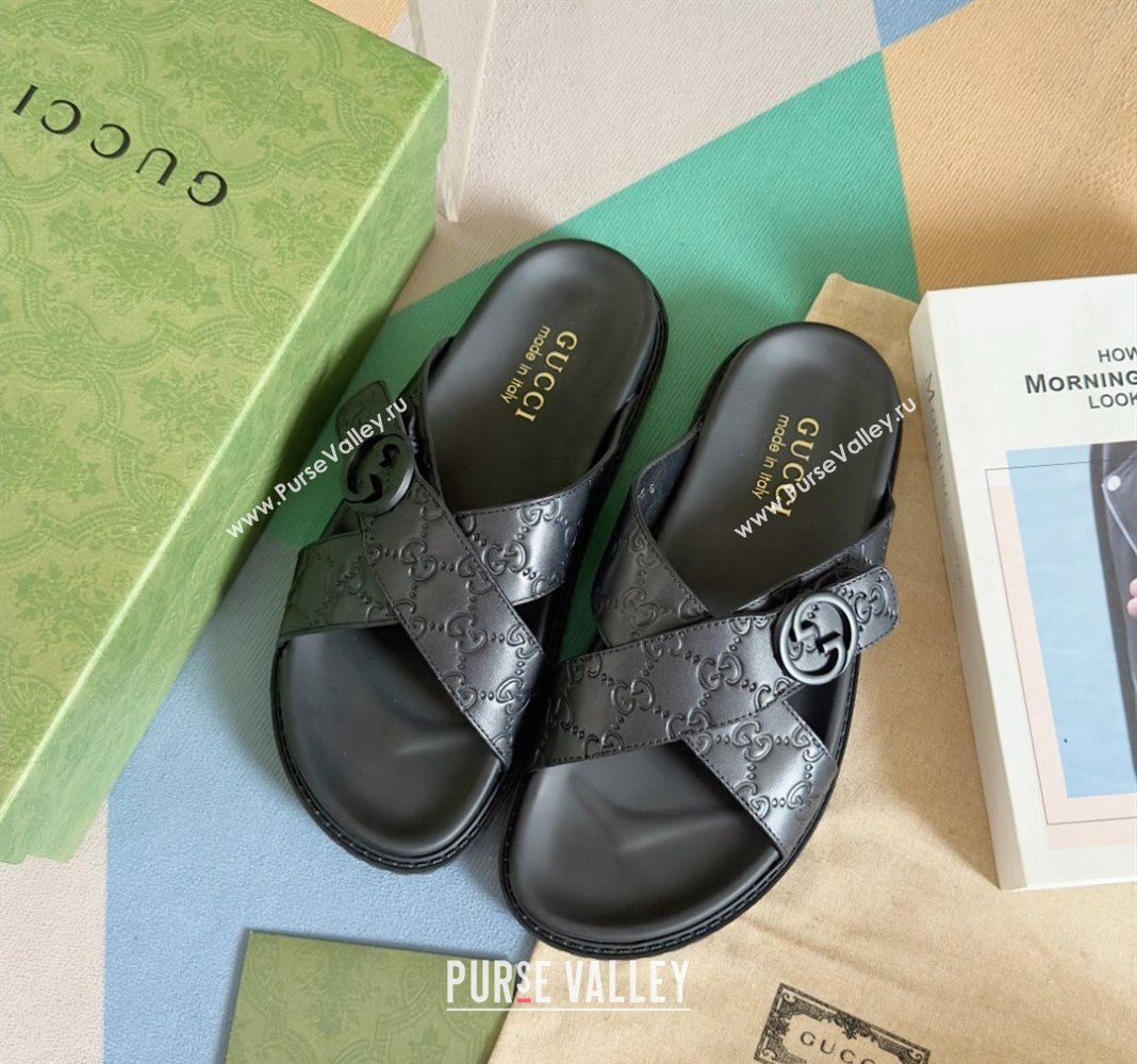 Gucci Mens GG Leather Flat Slide Sandals with Cross Strap Black 2024 0427 (KL-240427096)