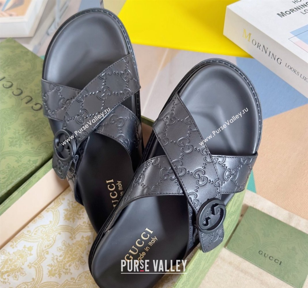 Gucci Mens GG Leather Flat Slide Sandals with Cross Strap Black 2024 0427 (KL-240427096)
