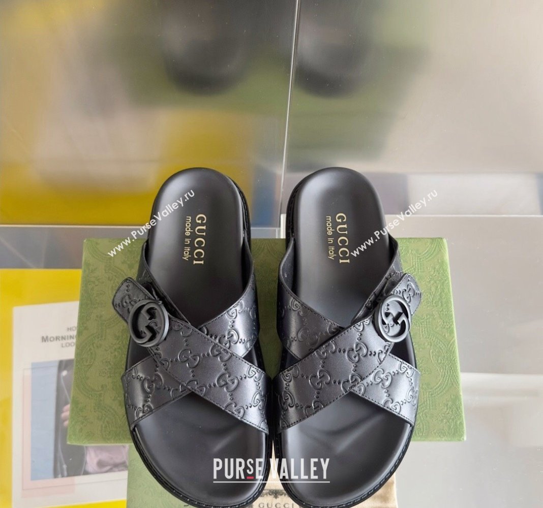 Gucci Mens GG Leather Flat Slide Sandals with Cross Strap Black 2024 0427 (KL-240427096)