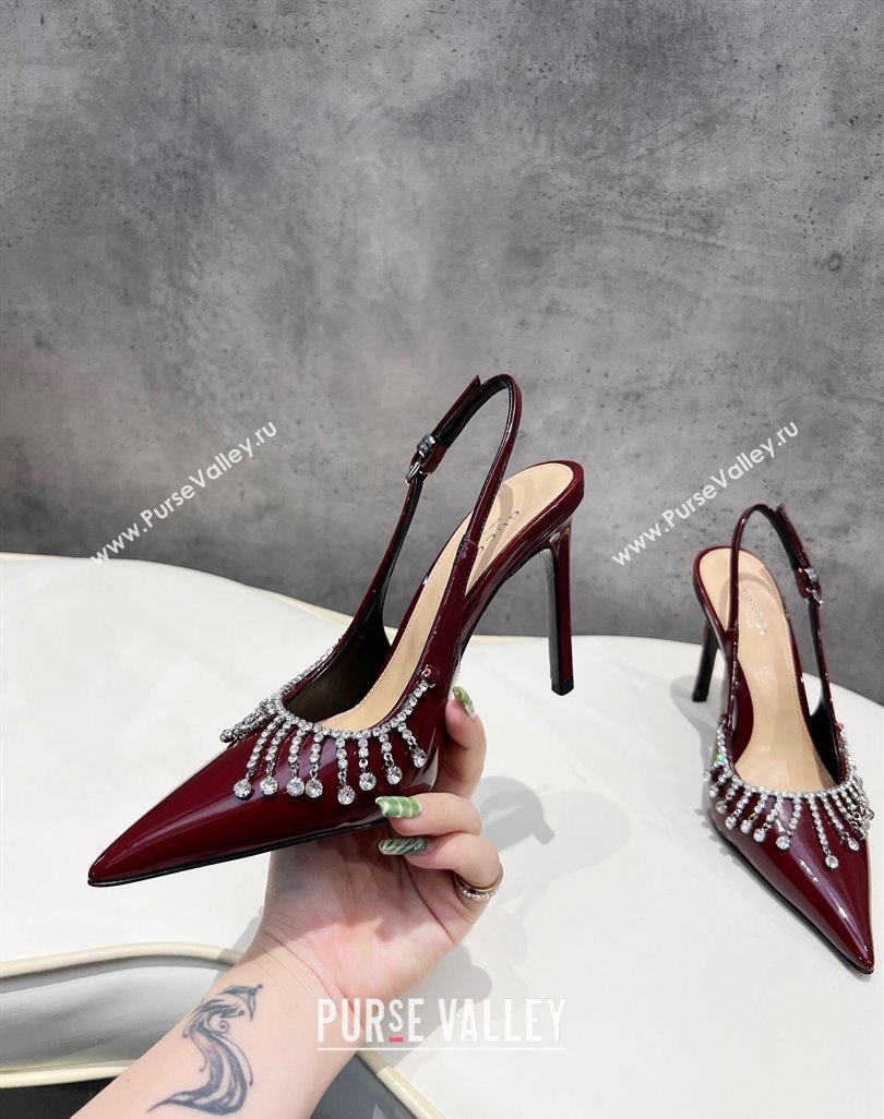 Gucci Patent Leather Slingback Pumps 10cm with Crystal Tassel Dark Burgundy 2024 0427 (MD-240427019)