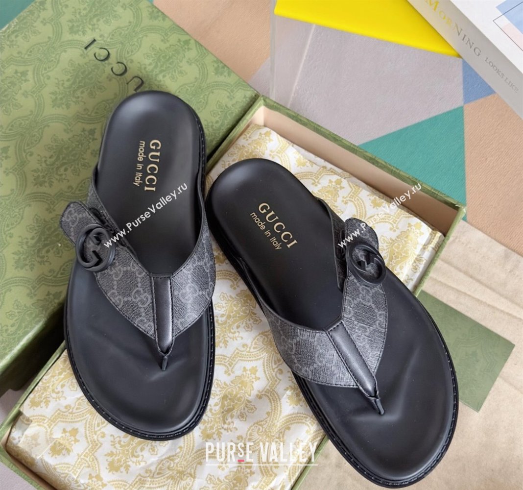 Gucci Mens GG Canvas Flat Thong Slide Sandals Black 2024 0427 (KL-240427097)