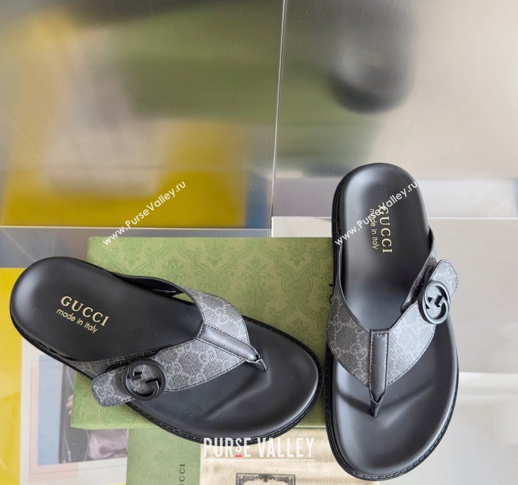 Gucci Mens GG Canvas Flat Thong Slide Sandals Black 2024 0427 (KL-240427097)