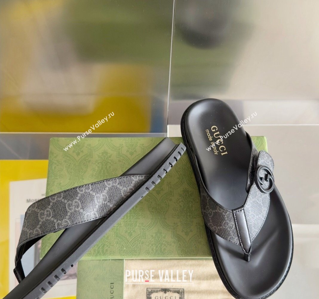 Gucci Mens GG Canvas Flat Thong Slide Sandals Black 2024 0427 (KL-240427097)