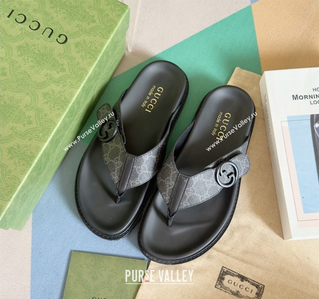 Gucci Mens GG Canvas Flat Thong Slide Sandals Black 2024 0427 (KL-240427097)