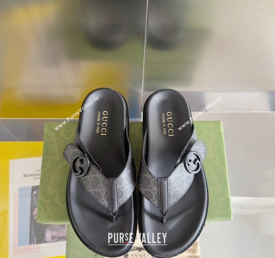 Gucci Mens GG Canvas Flat Thong Slide Sandals Black 2024 0427 (KL-240427097)