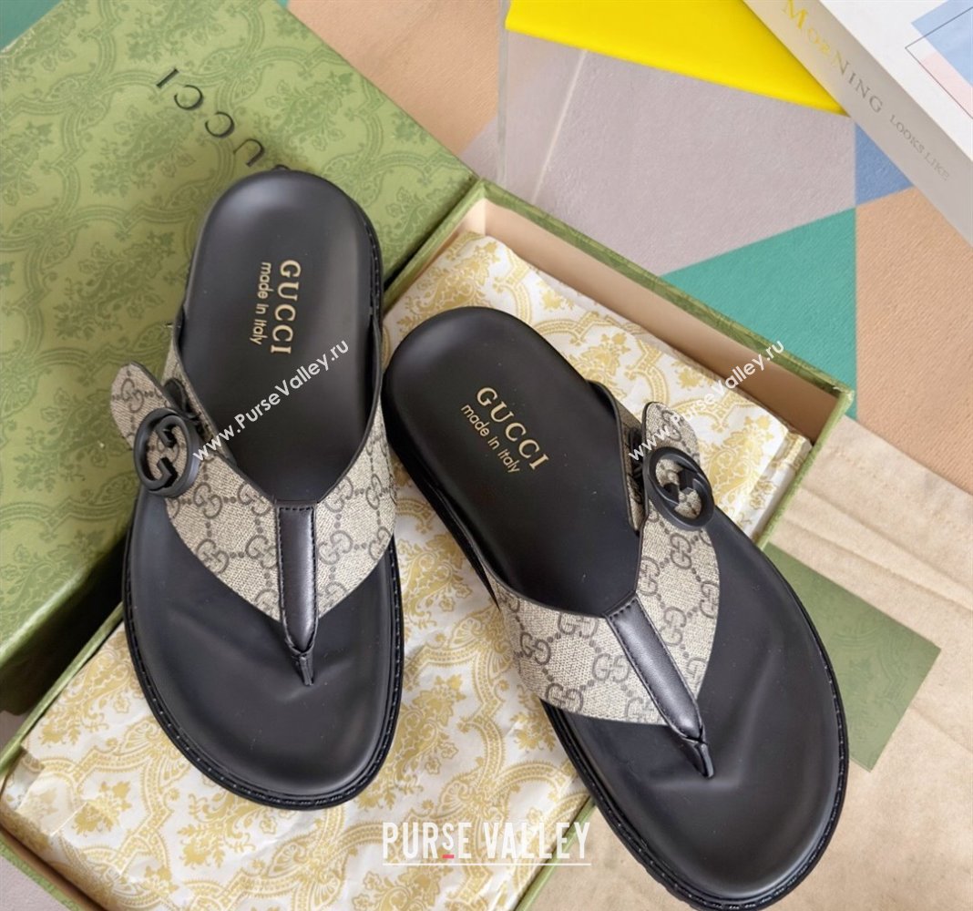 Gucci Mens GG Canvas Flat Thong Slide Sandals Beige 2024 0427 (KL-240427098)