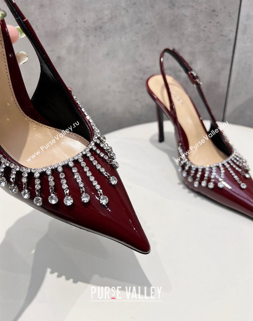 Gucci Patent Leather Slingback Pumps 10cm with Crystal Tassel Dark Burgundy 2024 0427 (MD-240427019)