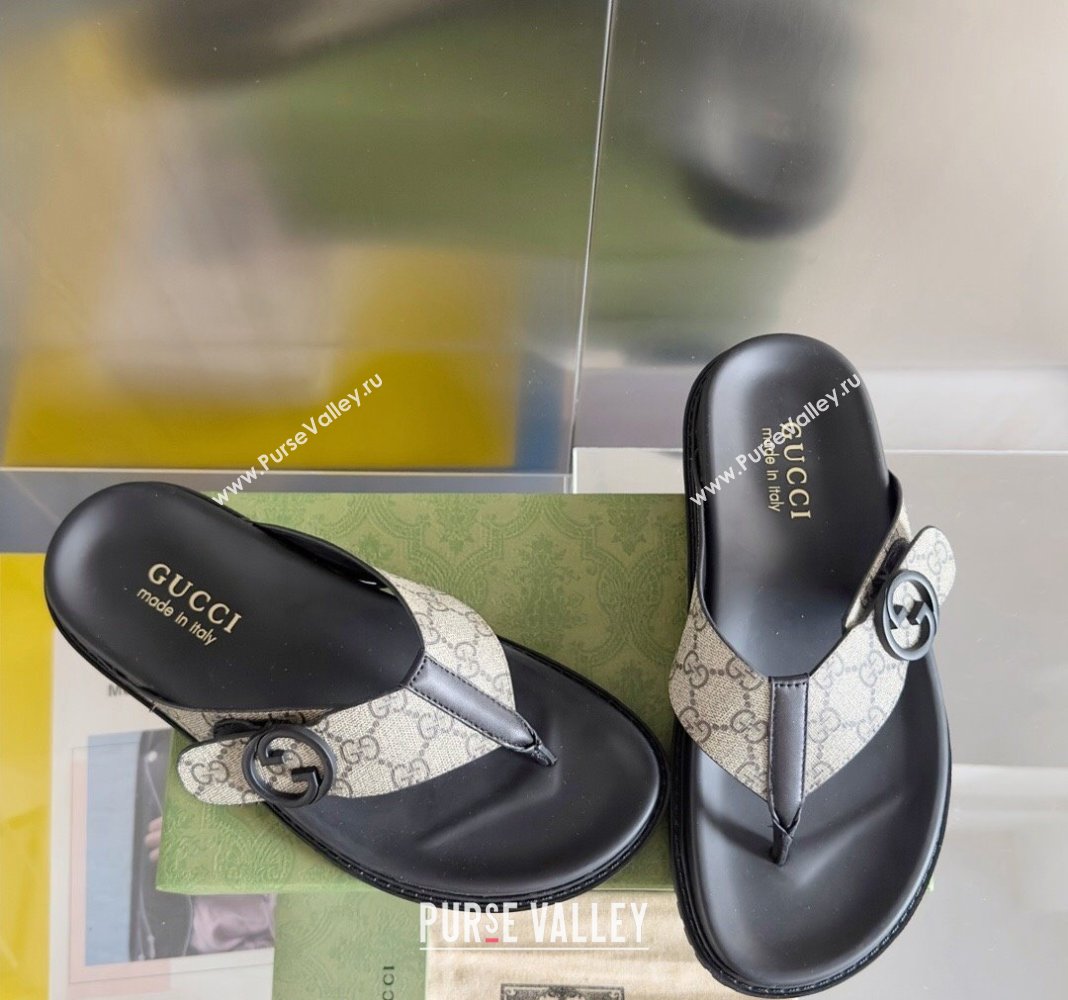 Gucci Mens GG Canvas Flat Thong Slide Sandals Beige 2024 0427 (KL-240427098)