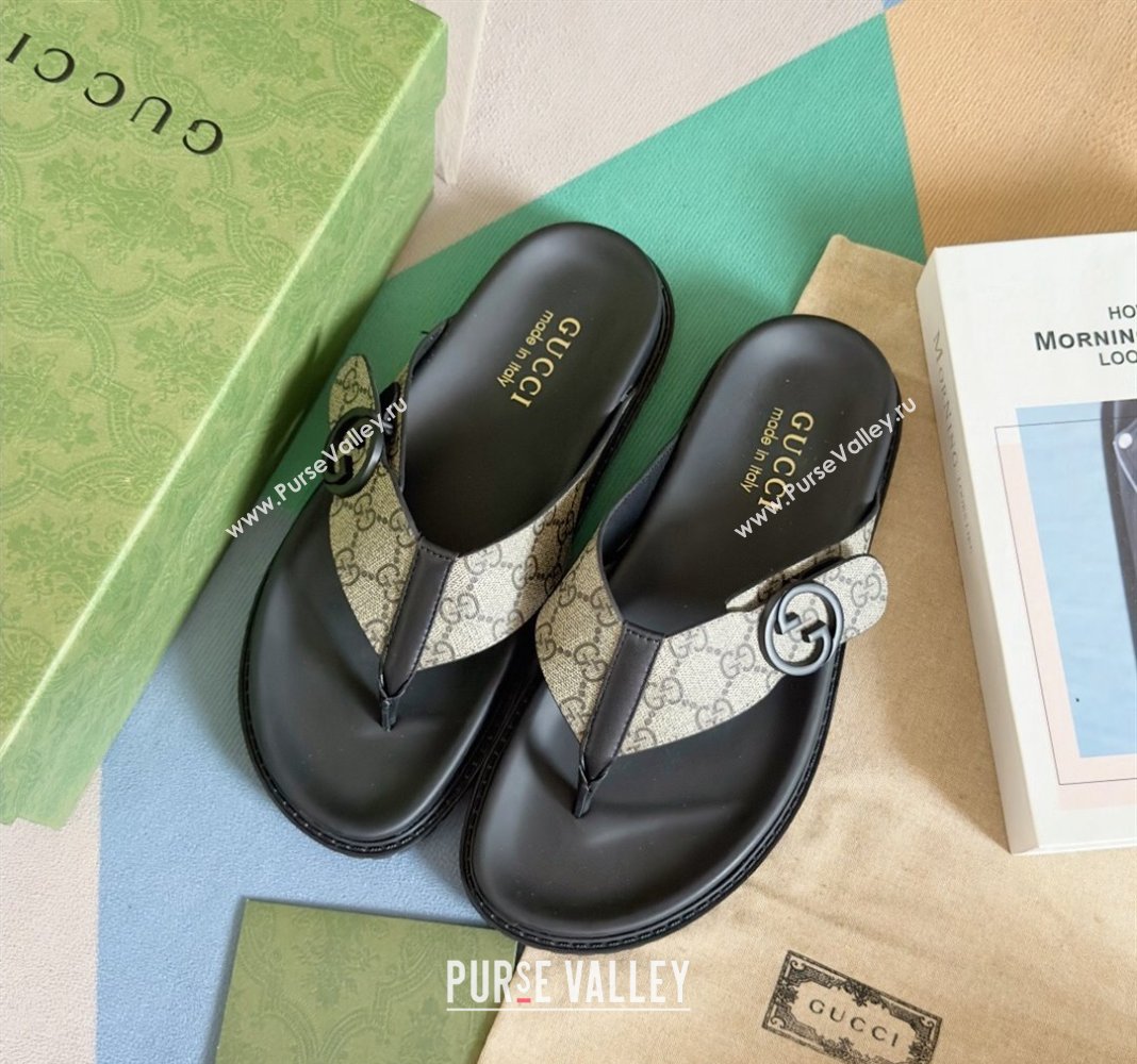 Gucci Mens GG Canvas Flat Thong Slide Sandals Beige 2024 0427 (KL-240427098)