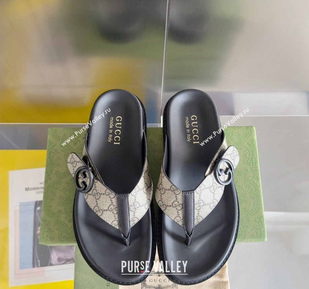 Gucci Mens GG Canvas Flat Thong Slide Sandals Beige 2024 0427 (KL-240427098)