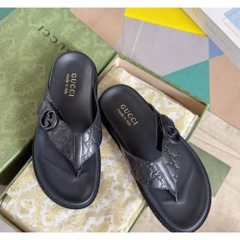 Gucci Mens GG Leather Flat Thong Slide Sandals Black 2024 0427 (KL-240427099)