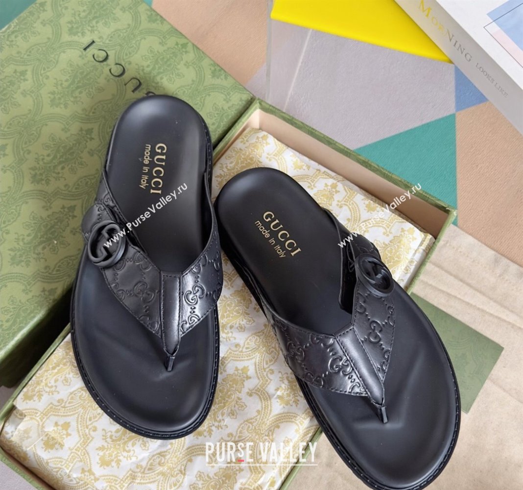 Gucci Mens GG Leather Flat Thong Slide Sandals Black 2024 0427 (KL-240427099)
