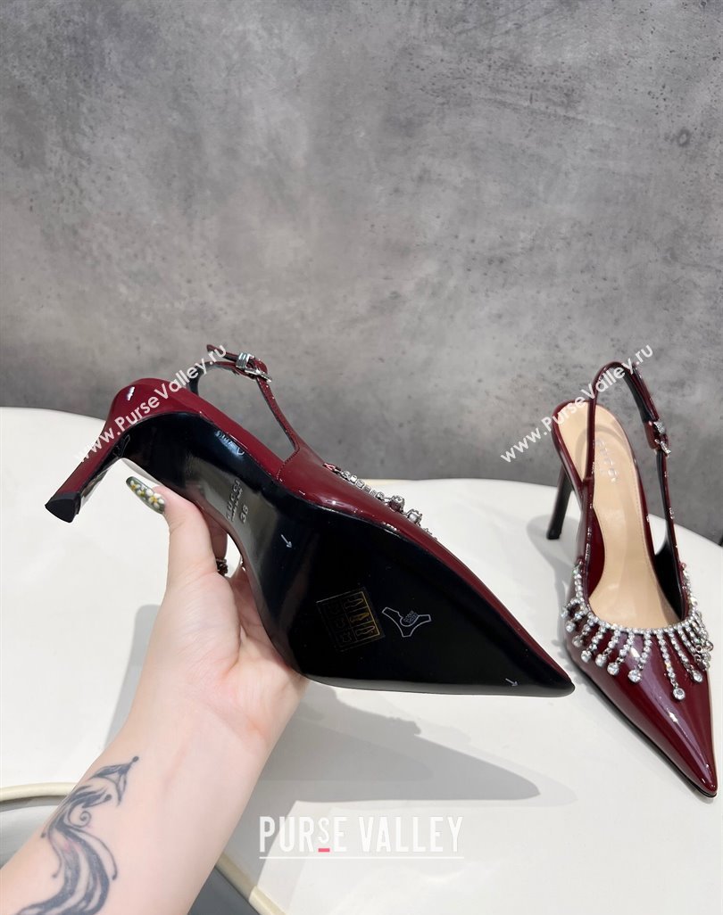 Gucci Patent Leather Slingback Pumps 10cm with Crystal Tassel Dark Burgundy 2024 0427 (MD-240427019)