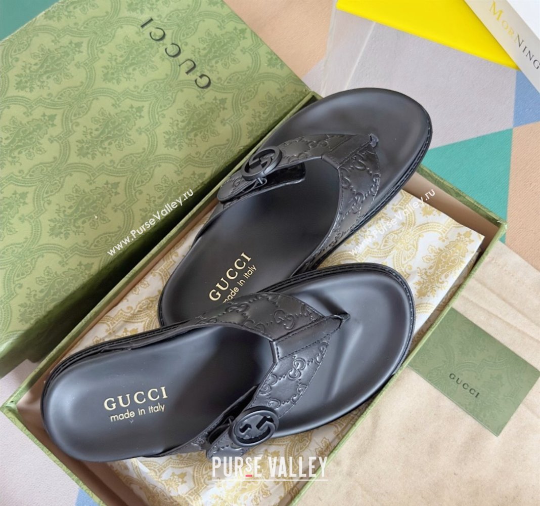 Gucci Mens GG Leather Flat Thong Slide Sandals Black 2024 0427 (KL-240427099)