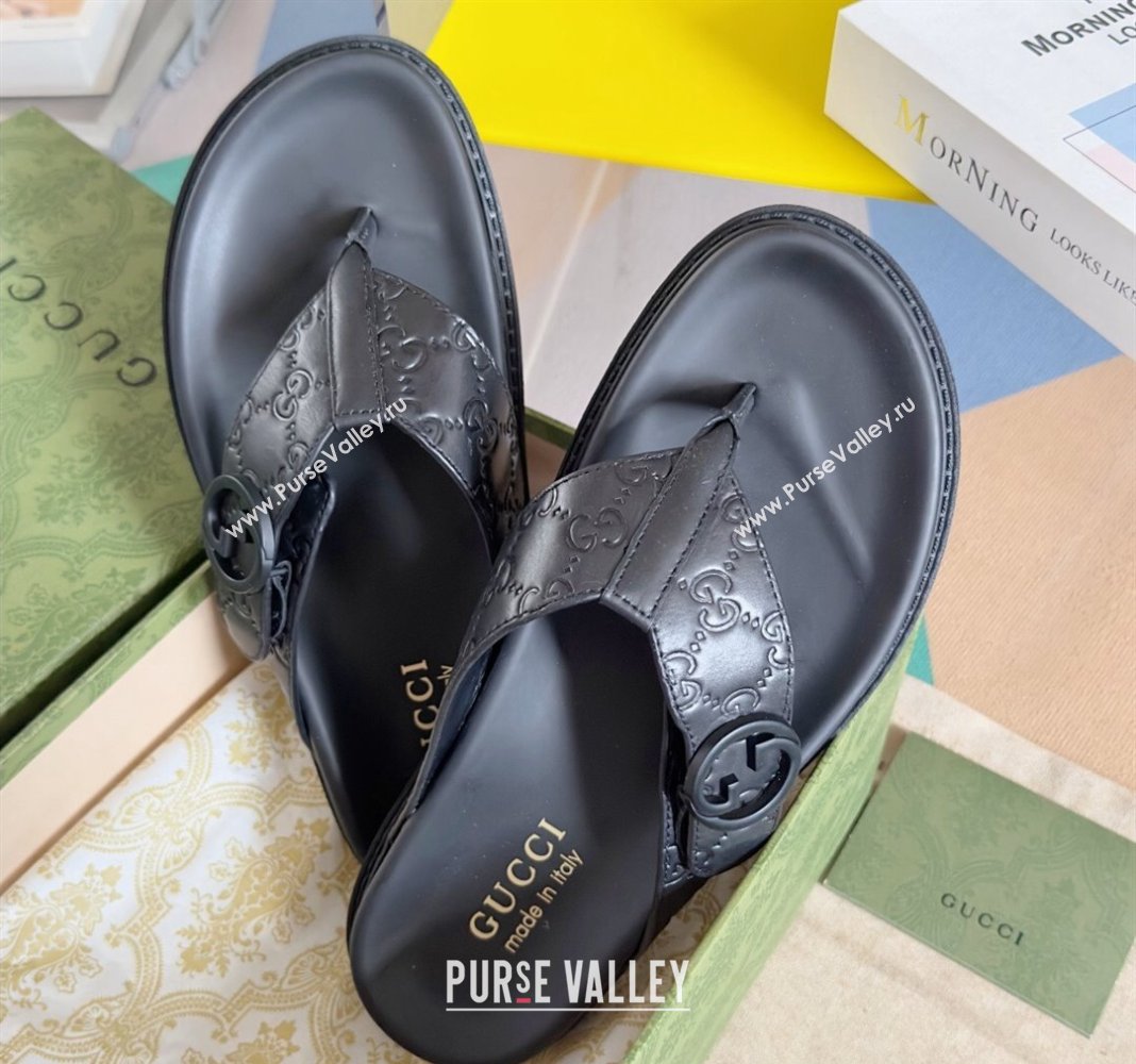 Gucci Mens GG Leather Flat Thong Slide Sandals Black 2024 0427 (KL-240427099)
